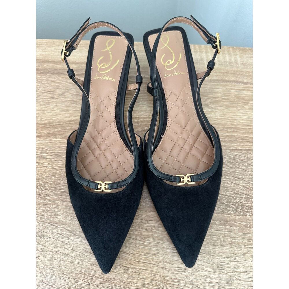 Sam Edelman Toni Slingback Pointed Toe Kitten Heel Pump size 7.5 Black Suede - Picture 3 of 14